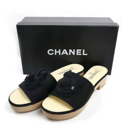 CHANEL シャネル ココマーク カメリア ウッド サンダル ブラック/ベージュ 
37 レディース【中古】【極美品】