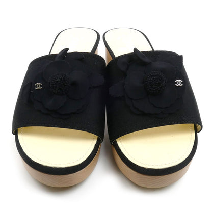 CHANEL シャネル ココマーク カメリア ウッド サンダル ブラック/ベージュ 
37 レディース【中古】【極美品】