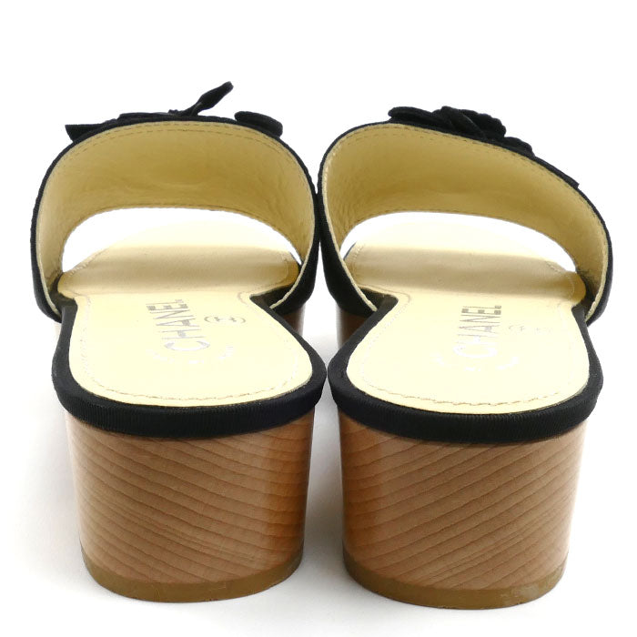 CHANEL シャネル ココマーク カメリア ウッド サンダル ブラック/ベージュ 
37 レディース【中古】【極美品】