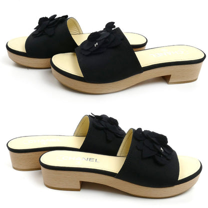 CHANEL シャネル ココマーク カメリア ウッド サンダル ブラック/ベージュ 
37 レディース【中古】【極美品】
