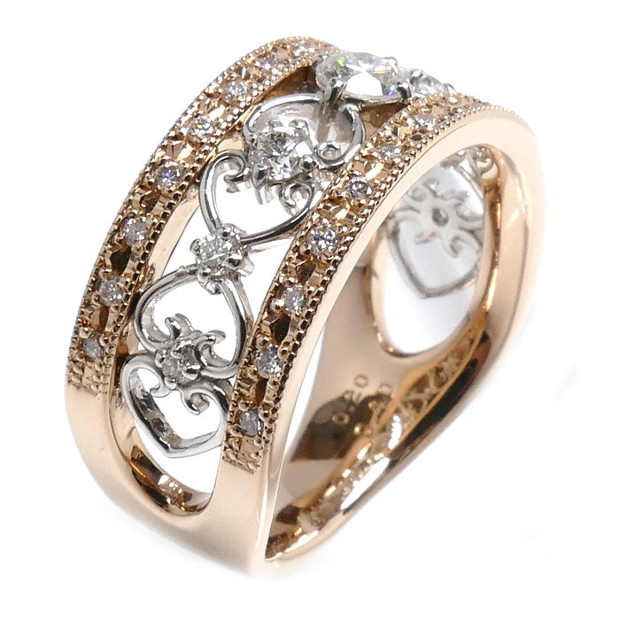 K18PG ピンクゴールド Pt900プラチナ リング・指輪 ダイヤモンド0.40ct/0.20ct 16号 9.0g レディース【中古】【美品】