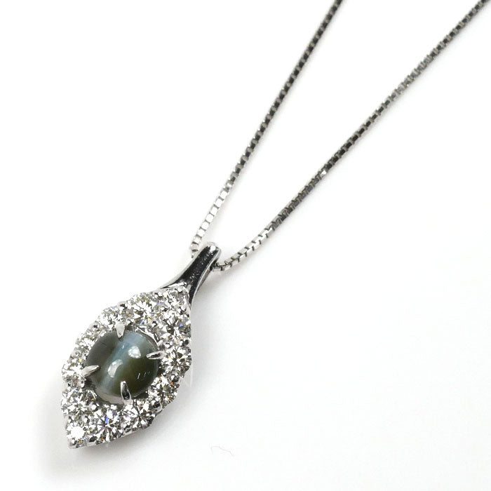 K18WG ホワイトゴールド ネックレス ベネチアン キャッツアイ0.88ct ダイヤモンド0.59ct 3.6g ～45cm フリーチェーン レディース【中古】【美品】