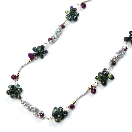 K18WG ホワイトゴールド K18YG イエローゴールド マルチストーン/バロックパール ネックレス 29.8g 60cm メガネチェーン レディース【中古】