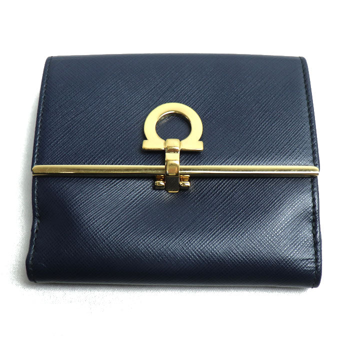 Salvatore Ferragamo サルヴァトーレフェラガモ ガンチーニ 二つ折り財布 ネイビー 224639 レディース【中古】