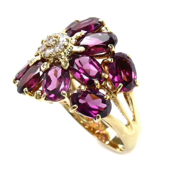 K18YG イエローゴールド リング・指輪 ガーネット ダイヤモンド0.14ct 11号 5.6g レディース【中古】