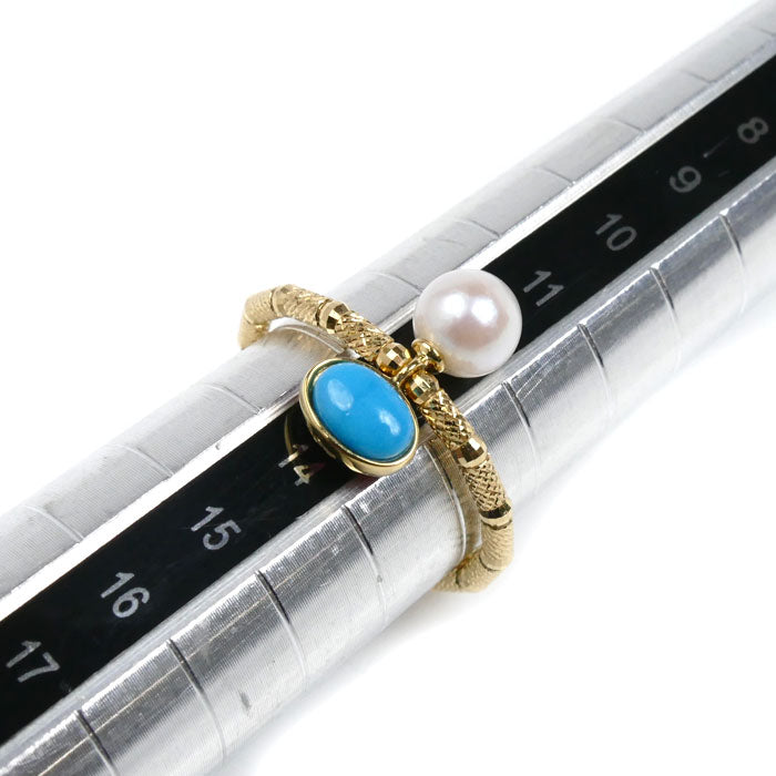 K18YG イエローゴールド リング・指輪 パール約5.7mm サンゴ0.40ct トルコ石0.40ct 1.7g フリーサイズ レディース【中古】