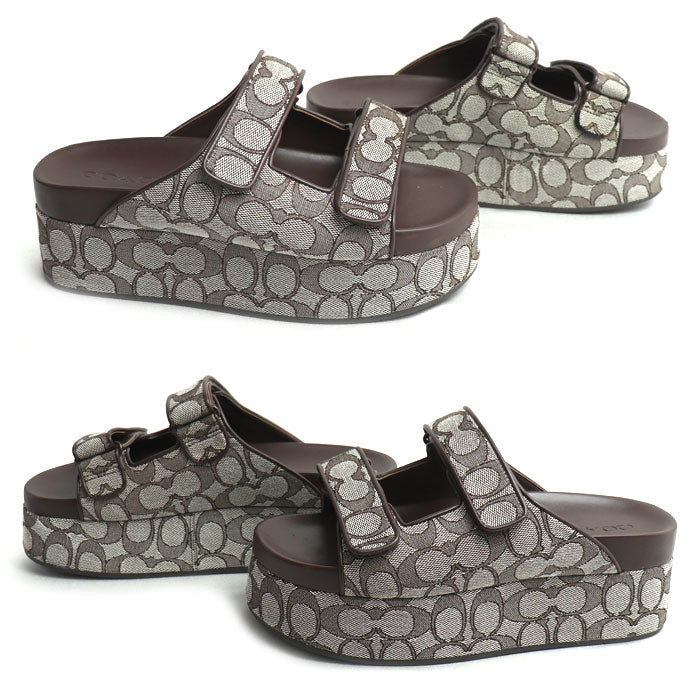 COACH コーチ ツーバンド プラットフォーム スライド シグネチャー サンダル ブラウン ｵｰｸ/ﾒｲﾌﾟﾙ CBH26 アウトレット レディース【中古】