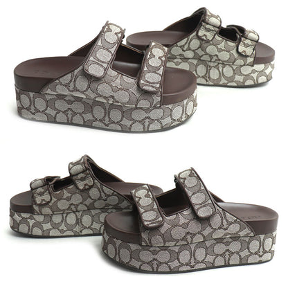 COACH コーチ ツーバンド プラットフォーム スライド シグネチャー サンダル ブラウン ｵｰｸ/ﾒｲﾌﾟﾙ CBH26 アウトレット レディース【中古】