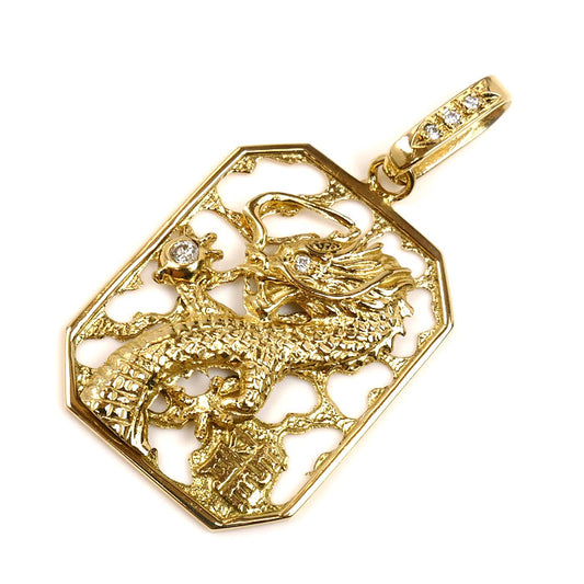 K18YG イエローゴールド 龍 ペンダントトップ ダイヤモンド0.08ct 4.9g メンズ【中古】
