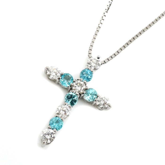 K18WG ホワイトゴールド クロス ネックレス ダイヤモンド0.35ct トルマリン0.3ct 3.0g ～45cm フリーチェーン レディース【中古】