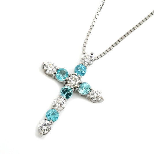 K18WG ホワイトゴールド クロス ネックレス ダイヤモンド0.35ct トルマリン0.3ct 3.0g ～45cm フリーチェーン レディース【中古】