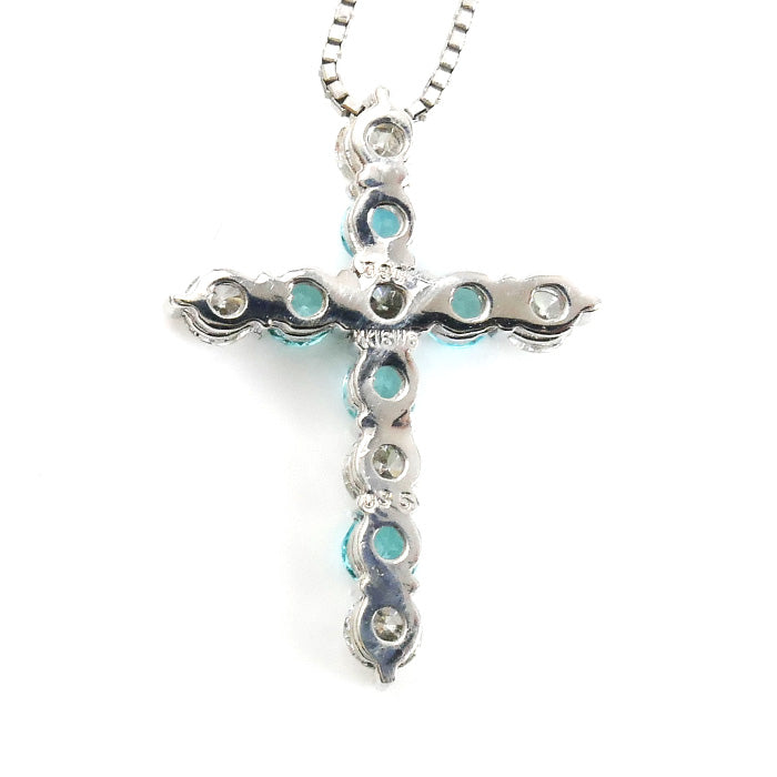 K18WG ホワイトゴールド クロス ネックレス ダイヤモンド0.35ct トルマリン0.3ct 3.0g ～45cm フリーチェーン レディース【中古】