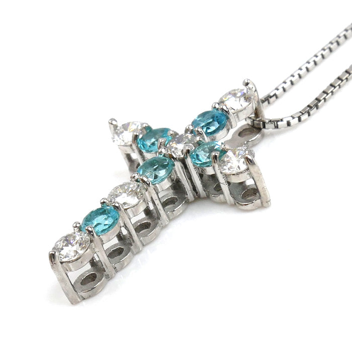 K18WG ホワイトゴールド クロス ネックレス ダイヤモンド0.35ct トルマリン0.3ct 3.0g ～45cm フリーチェーン レディース【中古】