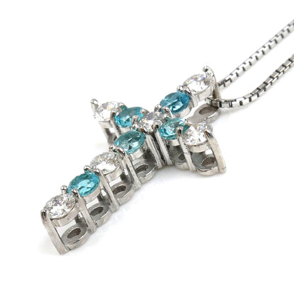 K18WG ホワイトゴールド クロス ネックレス ダイヤモンド0.35ct トルマリン0.3ct 3.0g ～45cm フリーチェーン レディース【中古】