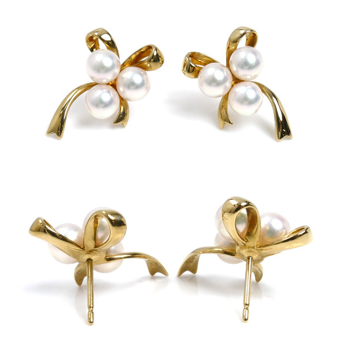 MIKIMOTO ミキモト K18YG イエローゴールド パール リボン ピアス アコヤパール約5.5mm 4.8g レディース【中古】