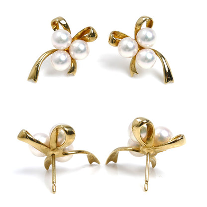 MIKIMOTO ミキモト K18YG イエローゴールド パール リボン ピアス アコヤパール約5.5mm 4.8g レディース【中古】