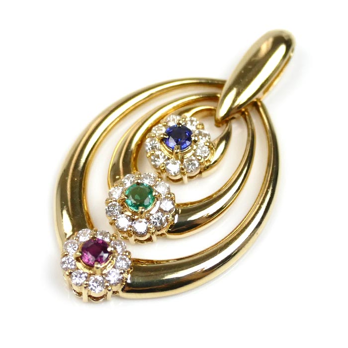 K18YG イエローゴールド サファイア・エメラルド・ルビー付き ペンダントトップ ダイヤモンド0.40ct 4.6g レディース【中古】