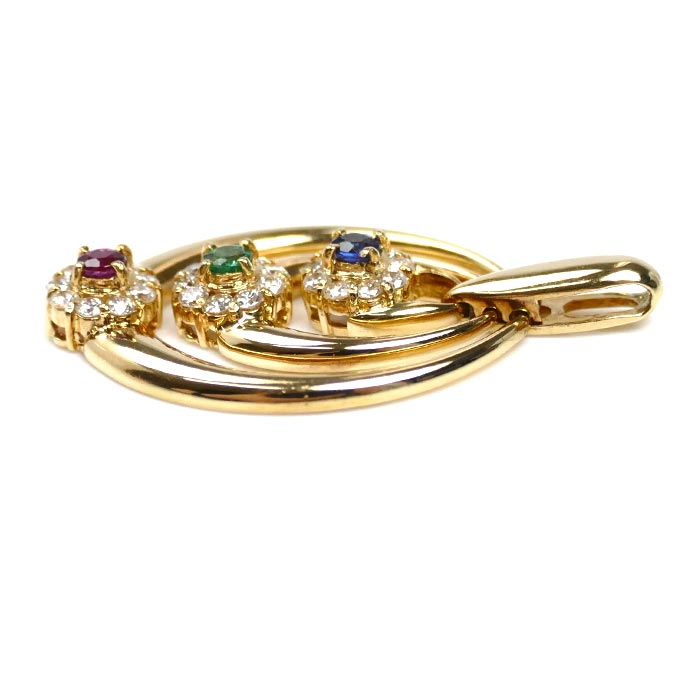 K18YG イエローゴールド サファイア・エメラルド・ルビー付き ペンダントトップ ダイヤモンド0.40ct 4.6g レディース【中古】