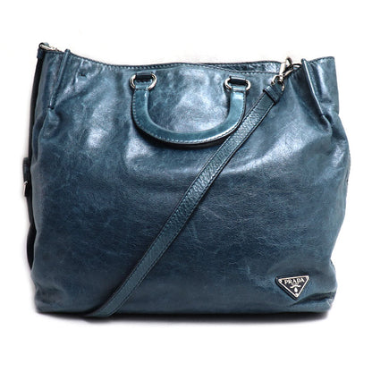 PRADA プラダ トライアングルロゴ レザー 2WAY トートバッグ 2Wayショルダーバッグ グリーンブルー BR4617 ユニセックス【中古】