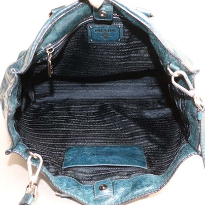 PRADA プラダ トライアングルロゴ レザー 2WAY トートバッグ 2Wayショルダーバッグ グリーンブルー BR4617 ユニセックス【中古】