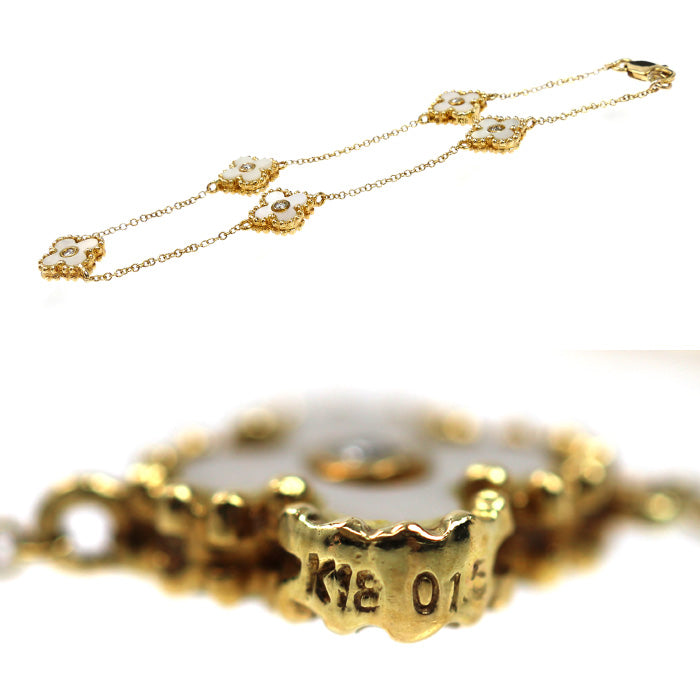 K18YG イエローゴールド マザーオブパール ブレスレット ダイヤモンド0.15ct 3.7g 17.5cm レディース【中古】