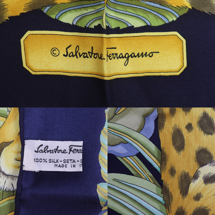 Salvatore Ferragamo サルヴァトーレフェラガモ ヒョウ/フラワー スカーフ ネイビー マルチ レディース【中古】