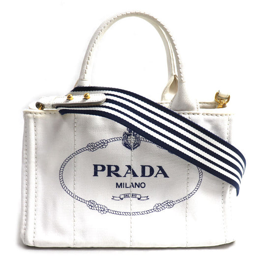 PRADA プラダ カナパトート 2Wayショルダーバッグ ホワイト ネイビー 1BG439 ZKI F0UB0 レディース【中古】