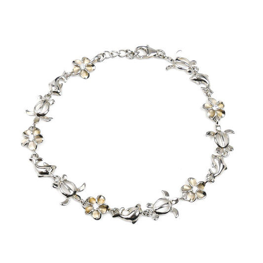 million-bell シルバー925 ホヌ プルメリア ドルフィン ブレスレット SBR-3608 キュービックジルコニア 4.9g 18cm ハワイアンジュエリー レディース【中古】【美品】