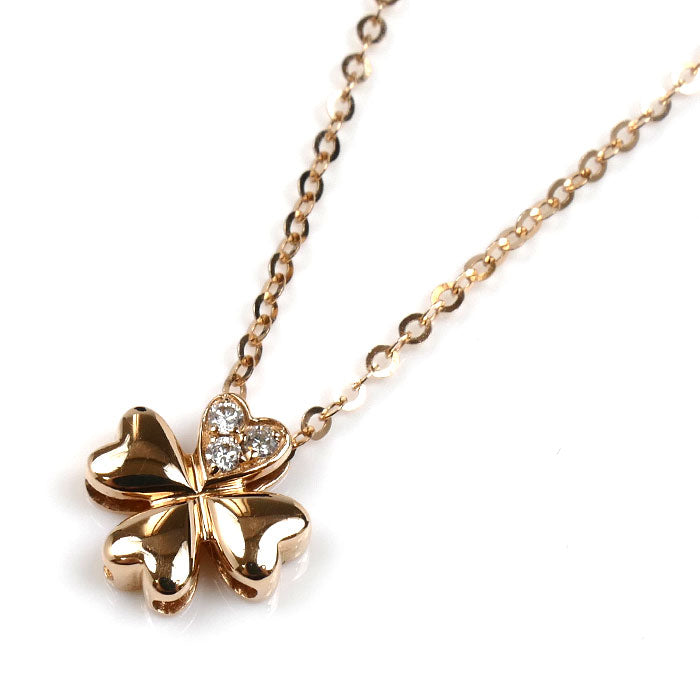 K18PG ピンクゴールド クローバー ネックレス ダイヤモンド0.029ct 1.6g 39.5/42/44.5cm レディース【中古】