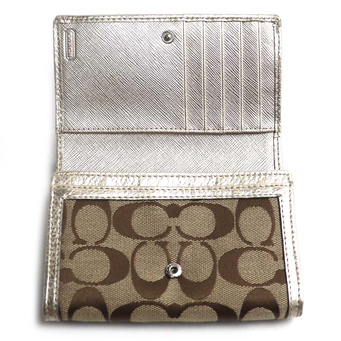 COACH コーチ レガシー シグネチャー コンパクトウォレット 二つ折り財布 ベージュ ゴールド 48465 レディース【中古】