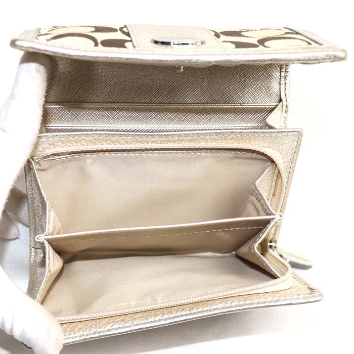 COACH コーチ レガシー シグネチャー コンパクトウォレット 二つ折り財布 ベージュ ゴールド 48465 レディース【中古】