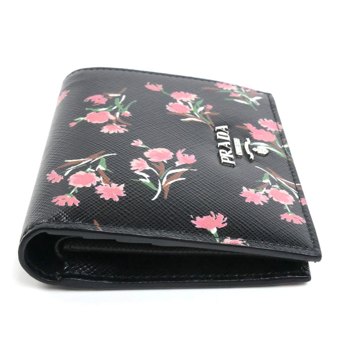 PRADA プラダ サフィアーノ フラワーブーケ 二つ折り財布 ブラック 1MV204 レディース【中古】