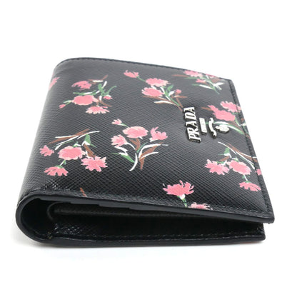 PRADA プラダ サフィアーノ フラワーブーケ 二つ折り財布 ブラック 1MV204 レディース【中古】