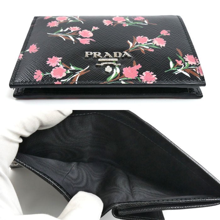 PRADA プラダ サフィアーノ フラワーブーケ 二つ折り財布 ブラック 1MV204 レディース【中古】
