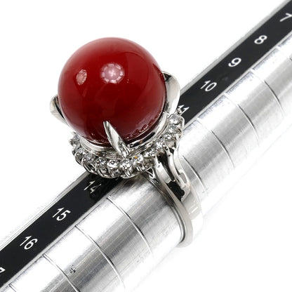 Pt900プラチナ リング・指輪 サンゴ約14mm ダイヤモンド0.24ct 12.5号 13.7g 血赤サンゴ レディース【中古】