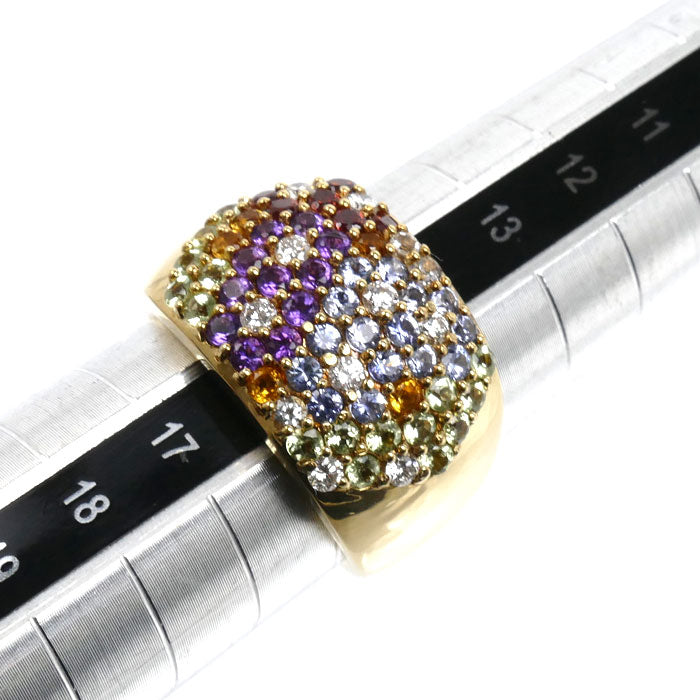 K18YG イエローゴールド リング・指輪 ペリドット0.48ct サファイア0.68ct ダイヤモンド0.28ct 15号 17.4g レディース【中古】【美品】