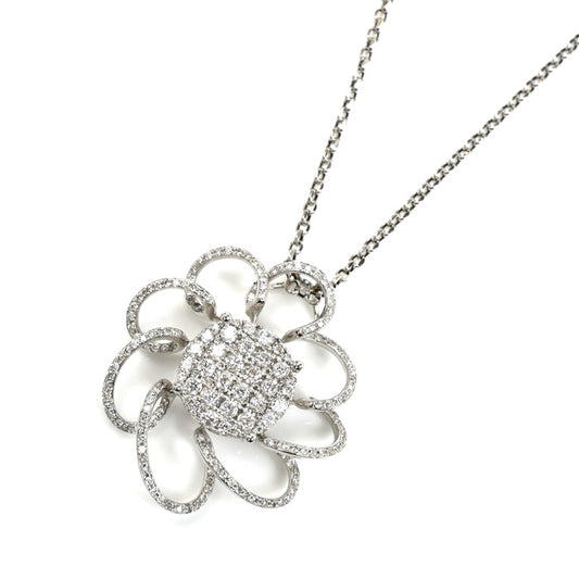 K18WG ホワイトゴールド フラワー ネックレス ダイヤモンド1.35ct 8.5g ～45cm フリーチェーン レディース【中古】
