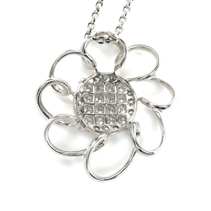 K18WG ホワイトゴールド フラワー ネックレス ダイヤモンド1.35ct 8.5g ～45cm フリーチェーン レディース【中古】