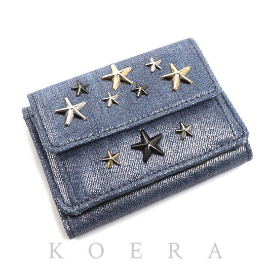 JIMMY CHOO ジミーチュウ NEMO スタースタッズ 三つ折り財布 ブルーメタリック レディース【中古】【美品】