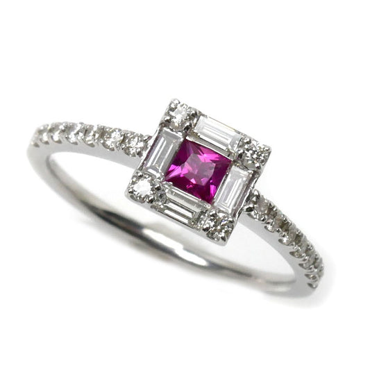 K18WG ホワイトゴールド スクエア リング・指輪 ルビー0.21ct ダイヤモンド0.43ct 13号 2.5g レディース【中古】【美品】