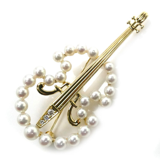 MIKIMOTO ミキモト K18YG イエローゴールド 弦楽器 ブローチ アコヤパール約3.7～5.0mm ダイヤモンド 10.4g レディース【中古】【美品】