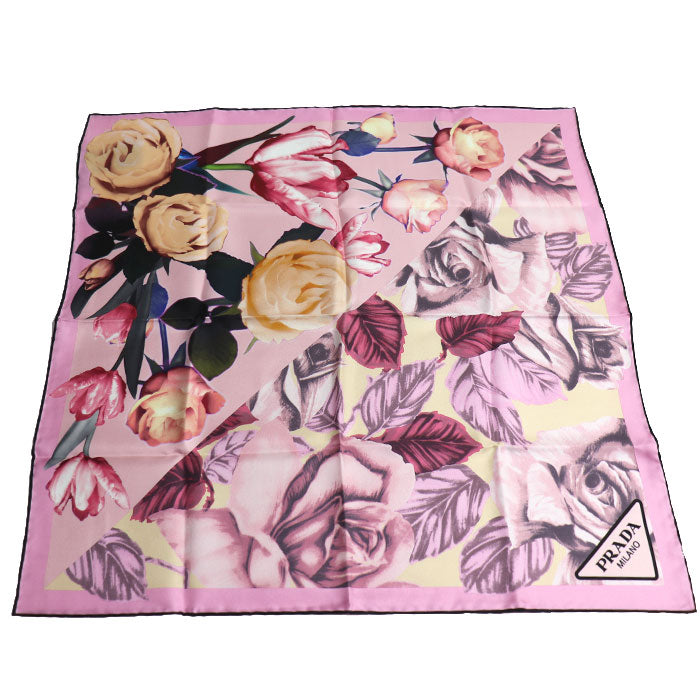 PRADA プラダ プリントシルクツイル スカーフ ダブルマッチ ローズ ピンク グレージュ 1FF004_2CXD_F0482 レディース【中古】【美品】