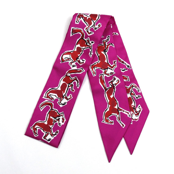 HERMES エルメス ツイリー chevaux en liberte 自由の馬 スカーフ ピンク/レッド/ホワイト 063803S 16 レディース【中古】【美品】