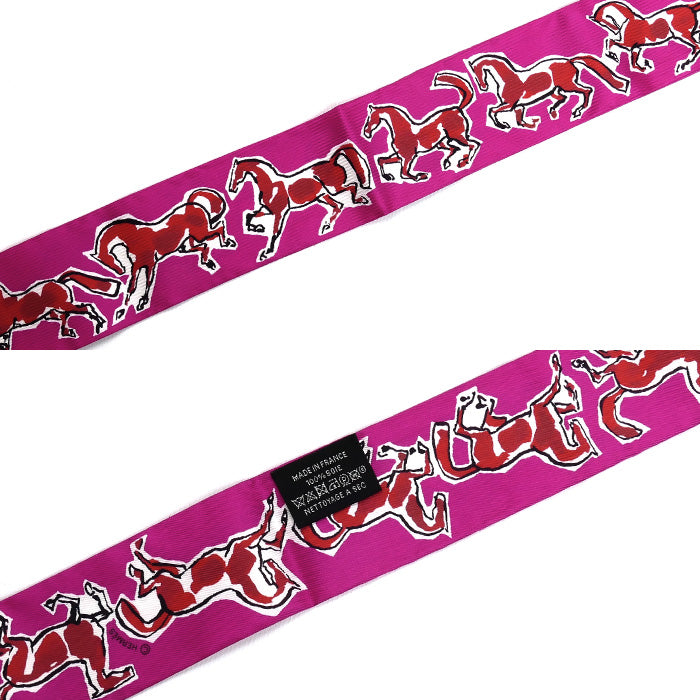 HERMES エルメス ツイリー chevaux en liberte 自由の馬 スカーフ ピンク/レッド/ホワイト 063803S 16 レディース【中古】【美品】