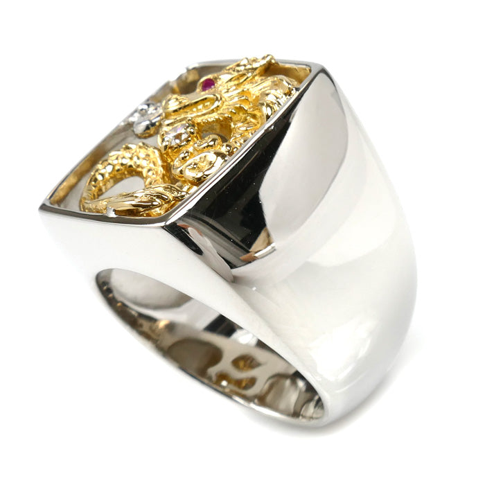 Pt950/K18 龍 ドラゴン リング・指輪 ルビー0.005ct ダイヤモンド0.08ct 18号 34.7g メンズ【中古】【美品】