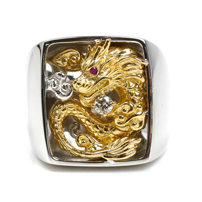 Pt950/K18 龍 ドラゴン リング・指輪 ルビー0.005ct ダイヤモンド0.08ct 18号 34.7g メンズ【中古】【美品】