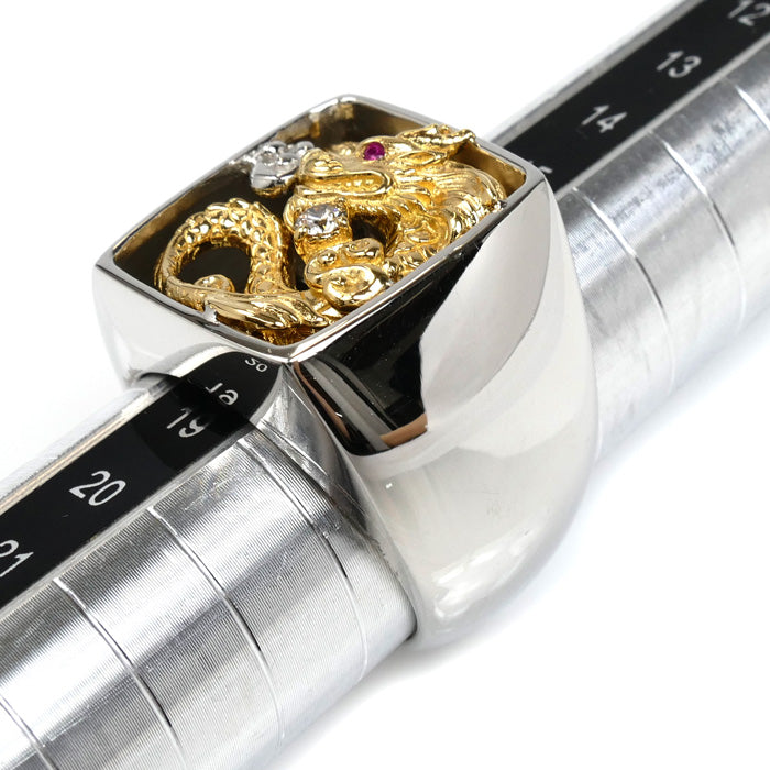 Pt950/K18 龍 ドラゴン リング・指輪 ルビー0.005ct ダイヤモンド0.08ct 18号 34.7g メンズ【中古】【美品】