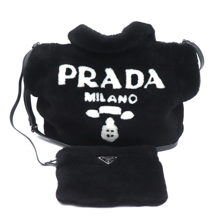 PRADA プラダ シアリング ファー ロゴ トートバッグ ブラック ホワイト 1BG374 2EC9 F0967 IC レディース【中古】【美品】