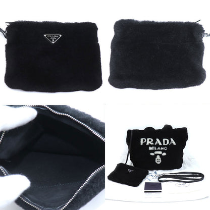 PRADA プラダ シアリング ファー ロゴ トートバッグ ブラック ホワイト 1BG374 2EC9 F0967 IC レディース【中古】【美品】
