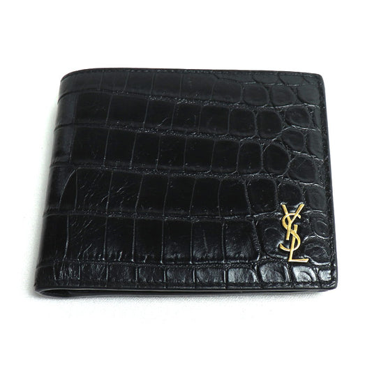SAINT LAURENT PARIS サンローランパリ クロコ型押し TINY 二つ折り財布 ブラック 610193 dzedw 1000 メンズ【中古】